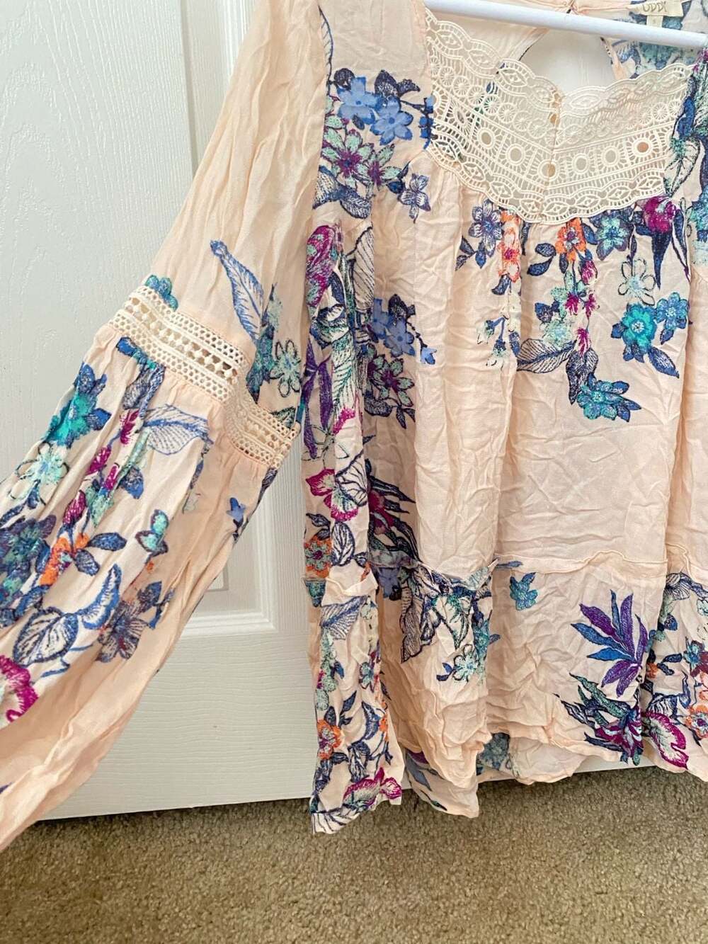 ODDI Pink Floral Boho Lace Inset Long Sleeve Blouse - Picture 11 of 12